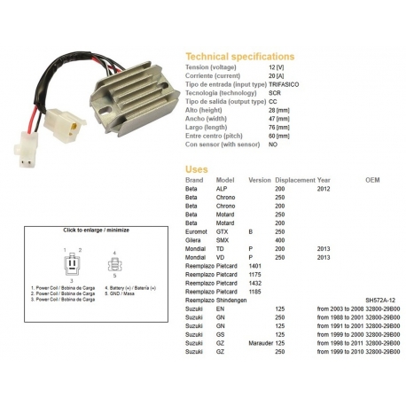 DZE REGULATOR NAPIĘCIA SUZUKI GN 125 '91-'01 GN 250 '88-'01 GS 125 '99-'00 EN 125 '03-'08 BETA (ESR142) (32800-29B00)