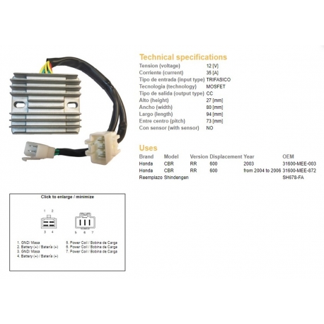 DZE REGULATOR NAPIĘCIA HONDA CBR 600RR '03-'06 (SH678-FA) (31600-MEE-872)