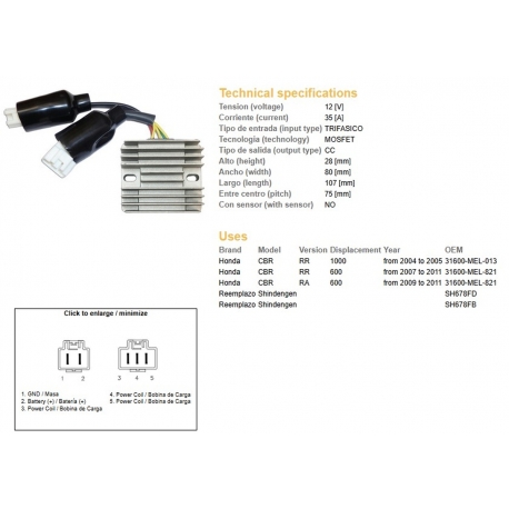 DZE REGULATOR NAPIĘCIA HONDA CBR 600RR '07-'11 CBR 1000RR '04-'05 (31600-MEL-821) (ESR439) (SH678FD SH678FB)