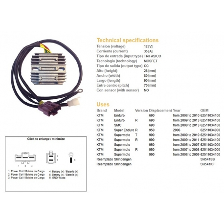 DZE REGULATOR NAPIĘCIA KTM 690R ENDURO '08-'13 950R SUPER ENDURO '06- SUPERMOTO 950/990R '05-'11 (OEM-62511034000) (SH541SB, S