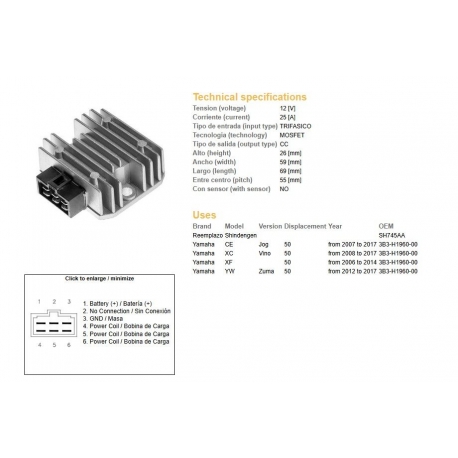 DZE REGULATOR NAPIĘCIA YAMAHA CE 50 JOG '07-'17 XC 50 VINO '08-'14 XF 50 '06-'14 YW 50 ZUMA '12-'17 (3B3-H1960-00) MOFSET (35