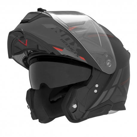 NOX KASK SZCZĘKOWY (FLIP-UP) Z BLENDĄ N967 SYNCHRO KOLOR CZARNY/CZERWONY/SZARY MAT ROZMIAR XL