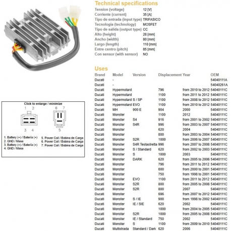 DZE REGULATOR NAPIĘCIA DUCATI 600/620/748/750/796/800/900/916/944/992/996/1000/1100 '98-'12 (35A)(54040111C, SH579-B11) (ESR532)