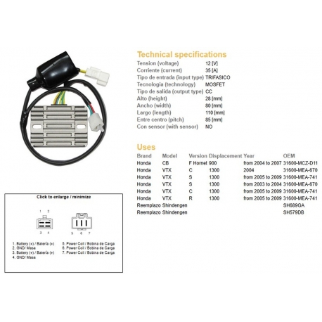 DZE REGULATOR NAPIĘCIA HONDA CB 900F HORNET '04-'07 VTX 1300S/R/C '05-'09 (31600-MEA-741)(35A)(ESR437)