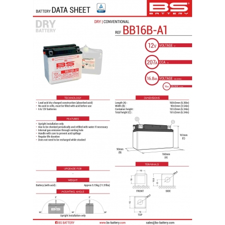 BS AKUMULATOR BB16B-A1 (YB16B-A1) 12V 16AH 160X90X161 OBSŁUGOWY - ELEKTROLIT OSOBNO (215A) (4) UE2019/1148