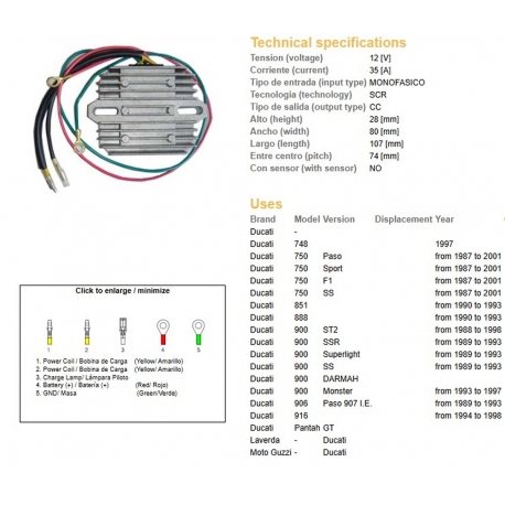 DZE REGULATOR NAPIĘCIA DUCATI 748/750/851/888/900/906/916 '87-'01 (JEDNOFAZOWY, 35A) (ESR510 ESR515)