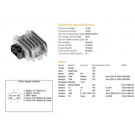 DZE REGULATOR NAPIĘCIA YAMAHA YBR 125 '06-'13 (20A) (5VL-H1960-00)