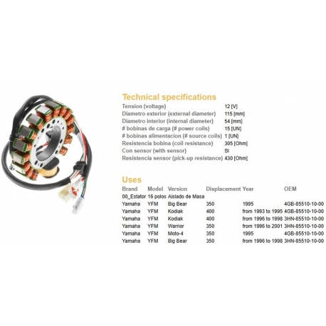 DZE UZWOJENIE ALTERNATORA STATOR YAMAHA YFM 350 BIG BEAR '95-'98, WARRIOR '96-'01 KODIAK 400 '93-'98 (ESG434) (3HN-8510-10-00 