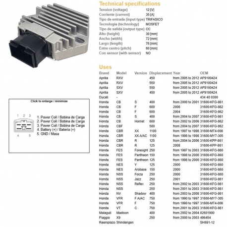 DZE REGULATOR NAPIĘCIA HONDA CB 600F '02-'06 CBF 500 '04-'07 CBR 1100XX '96-'98 FES 125/150/250 '97-'03 NES 125/150/250 '01-