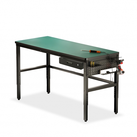 BIKETEC ZESTAW STÓŁ WARSZTATOWY BLAT GRUBOŚĆ 25MM 1500MM X 600MM REGULACJA WYSOKOŚCI 845~945mm I SZUFLADA METALOWA Z ZAMKIEM I M