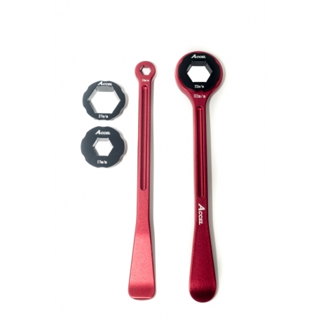 ACCEL KOMPLET ŁYŻEK DO OPON (23+24CM) ALU7075 KUTE Z KLUCZAMI 10,13,17,22,27,32 MM KOLOR CZERWONY (ŁYŻKA DO OPON)