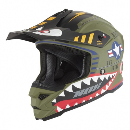NOX KASK CROSS / OFFROAD N761 FIGHTER KID / JUNIOR (DZIECIĘCY) KOLOR ZIELONY (KHAKI) MAT/BIAŁY/CZARNY ROZMIAR XL (ZAPIĘCIE MIKRO