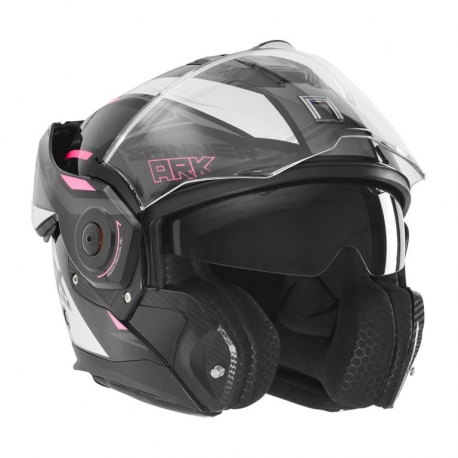 NOX PREMIUM KASK SZCZĘKOWY FLIP-BACK (SZCZĘKA DO TYŁU) Z BLENDĄ SPINNER ARK KOLOR CZARNY/BIAŁY/RÓŻOWY ROZMIAR M